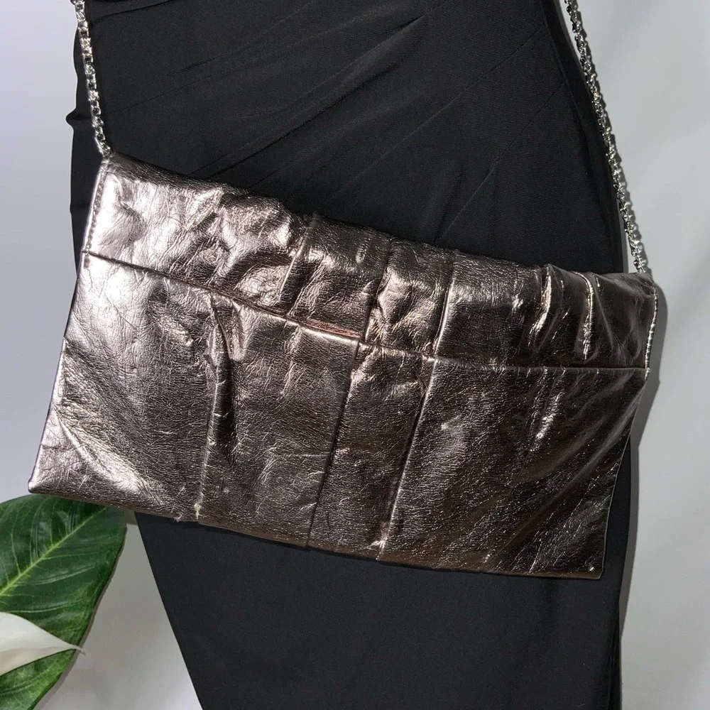 Kate Landry Shiny Platinum Pleated Clutch Chain Crossbody or Shoulder 10X6